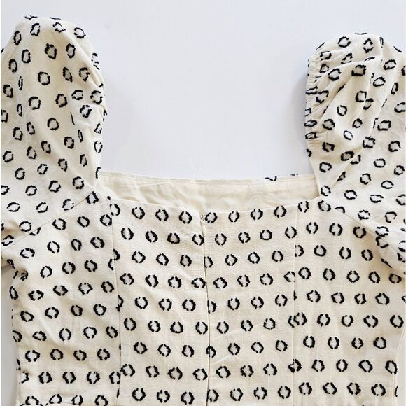 FORE Quinn Everyday Linen Puff Sleeve Square Neck Cream Patterned Mini Dress L - Picture 14 of 15